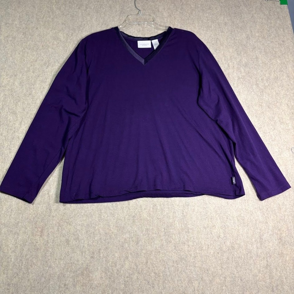 Liz Claiborne Top Womens 1X Purple Cotton Blend V-Neck Satin Trim Classic Preppy